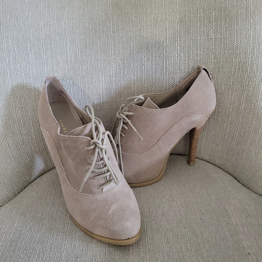 Chinese Laundry Suede Lace-Up Heels in Taupe